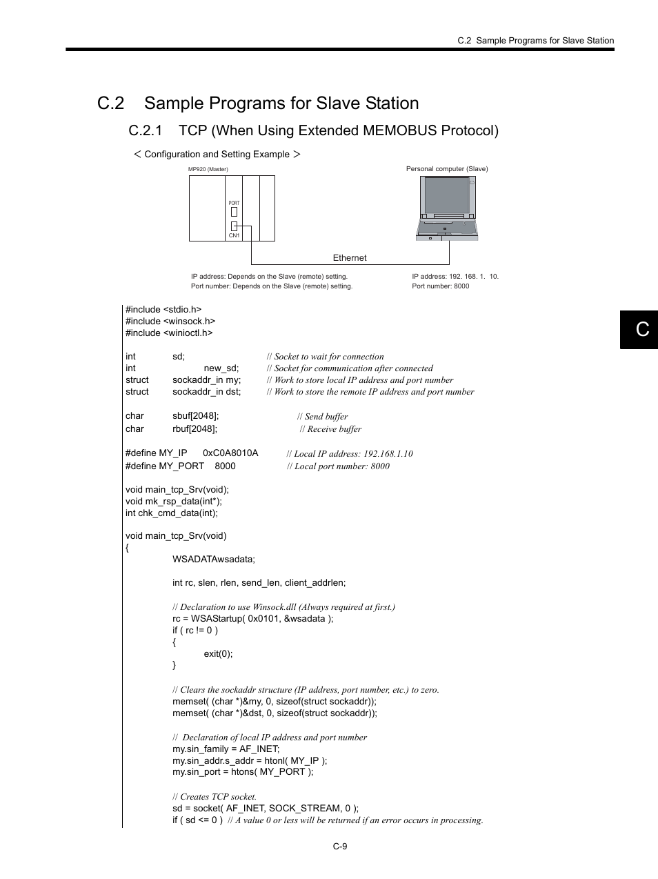 C.2 sample programs for slave station, C.2.1 tcp (when using extended memobus protocol) | Yaskawa MP920 Communications Module User Manual | Page 285 / 337