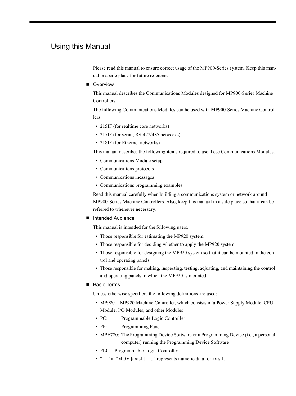 Using this manual | Yaskawa MP920 Communications Module User Manual | Page 3 / 337