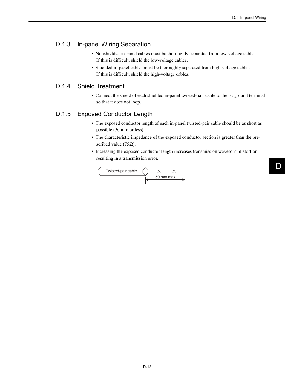 D.1.3 in-panel wiring separation, D.1.4 shield treatment, D.1.5 exposed conductor length | Yaskawa MP920 Communications Module User Manual | Page 305 / 337