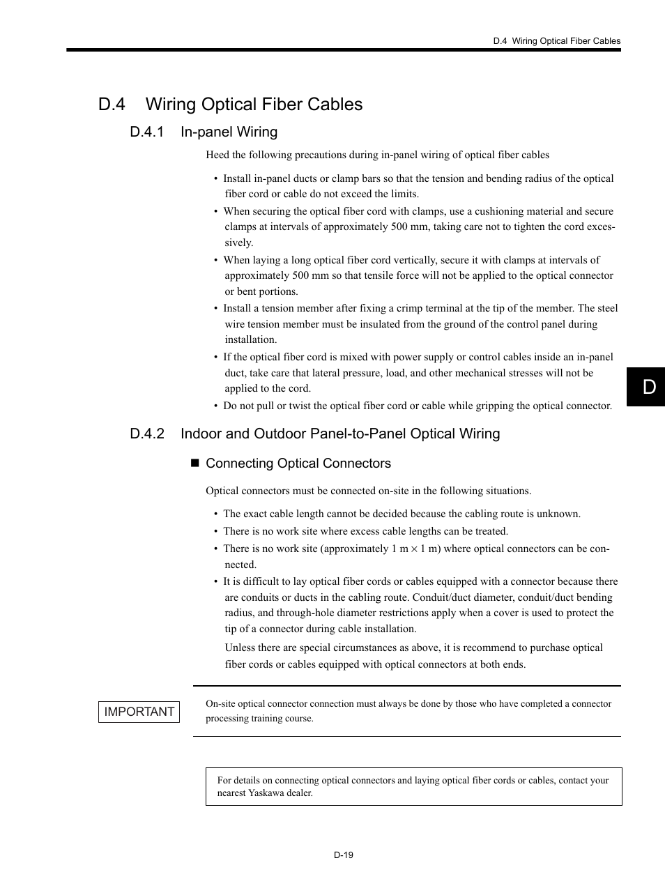 D.4 wiring optical fiber cables, D.4.1 in-panel wiring | Yaskawa MP920 Communications Module User Manual | Page 311 / 337