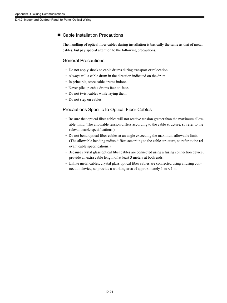 Cable installation precautions, General precautions, Precautions specific to optical fiber cables | Yaskawa MP920 Communications Module User Manual | Page 316 / 337