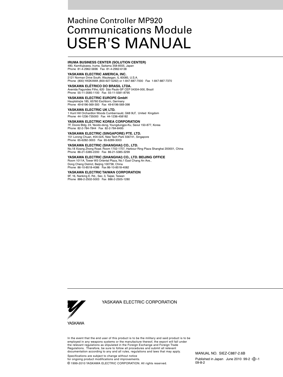 Back cover, User's manual, Communications module | Machine controller mp920, 英文 no.9-3 (sie), モーションコントロール事業部用, インタ) | Yaskawa MP920 Communications Module User Manual | Page 337 / 337