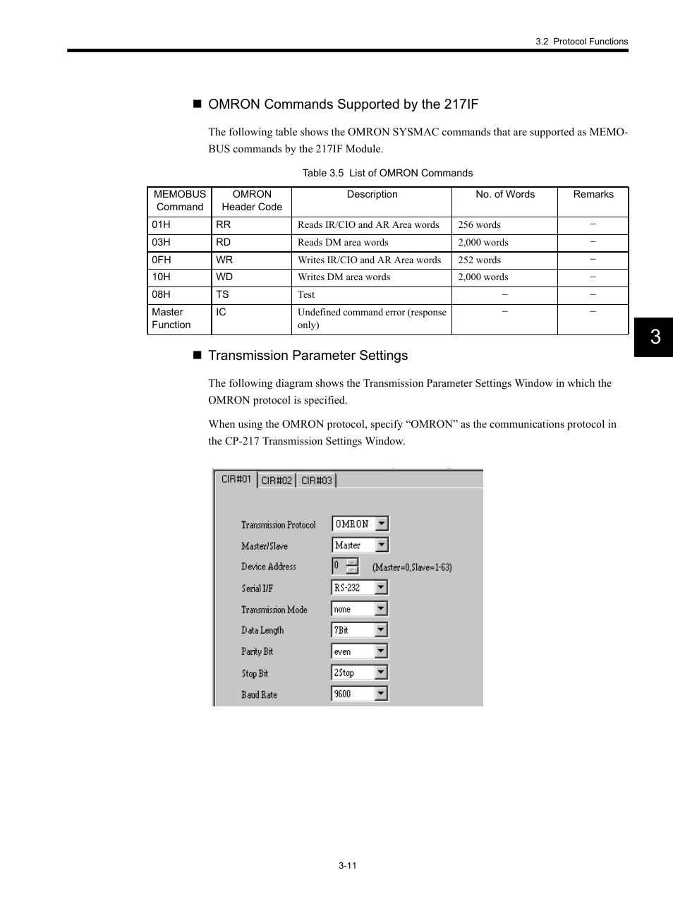 Omron commands supported by the 217if, Transmission parameter settings | Yaskawa MP920 Communications Module User Manual | Page 43 / 337