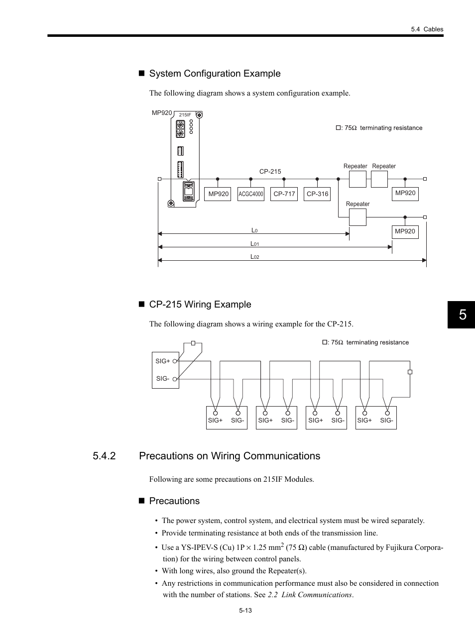 2 precautions on wiring communications, System configuration example, Cp-215 wiring example | Precautions | Yaskawa MP920 Communications Module User Manual | Page 74 / 337