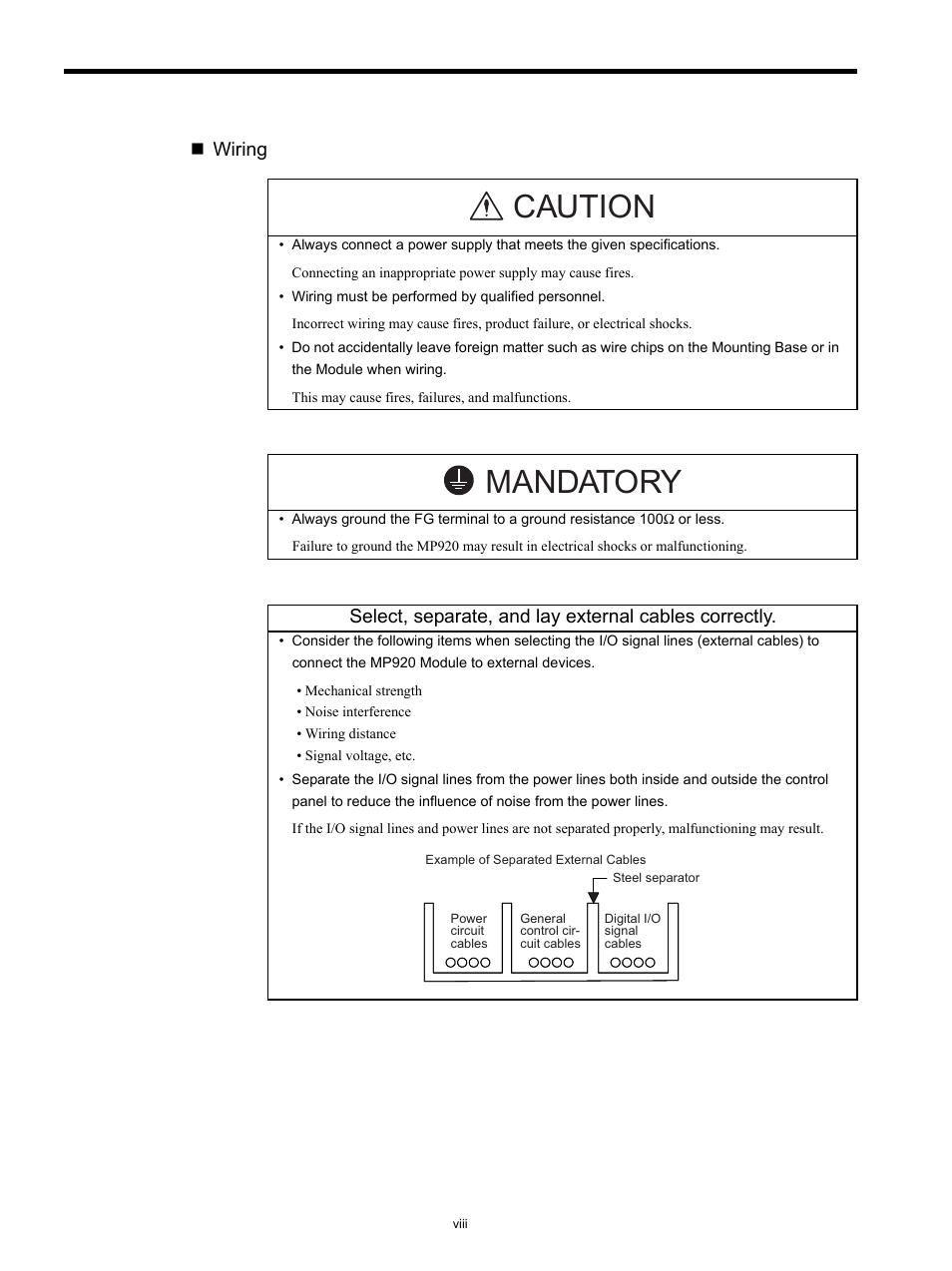 Caution, Mandatory, Wiring | Yaskawa MP920 Communications Module User Manual | Page 8 / 337