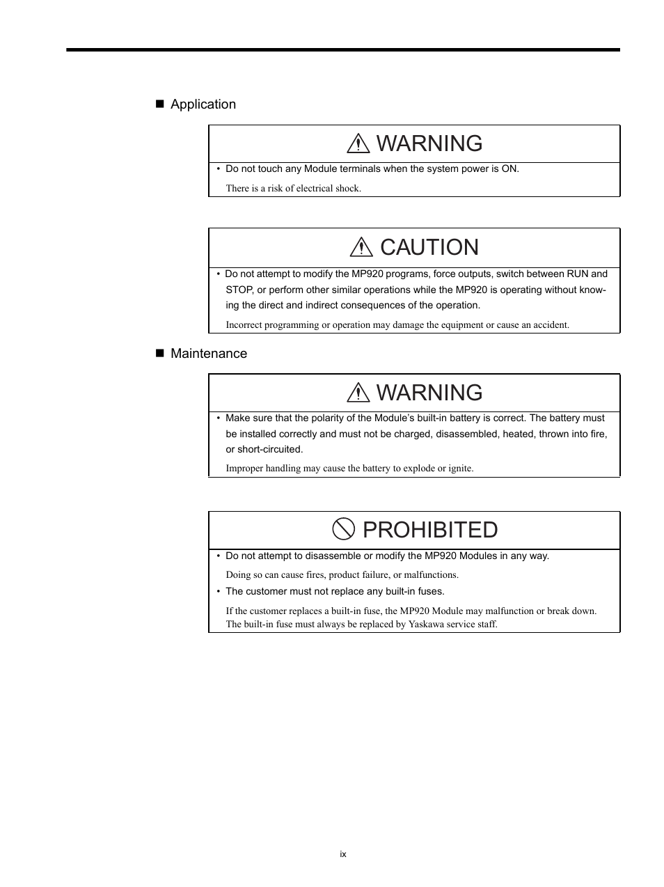 Warning, Caution, Prohibited | Yaskawa MP920 Communications Module User Manual | Page 9 / 337