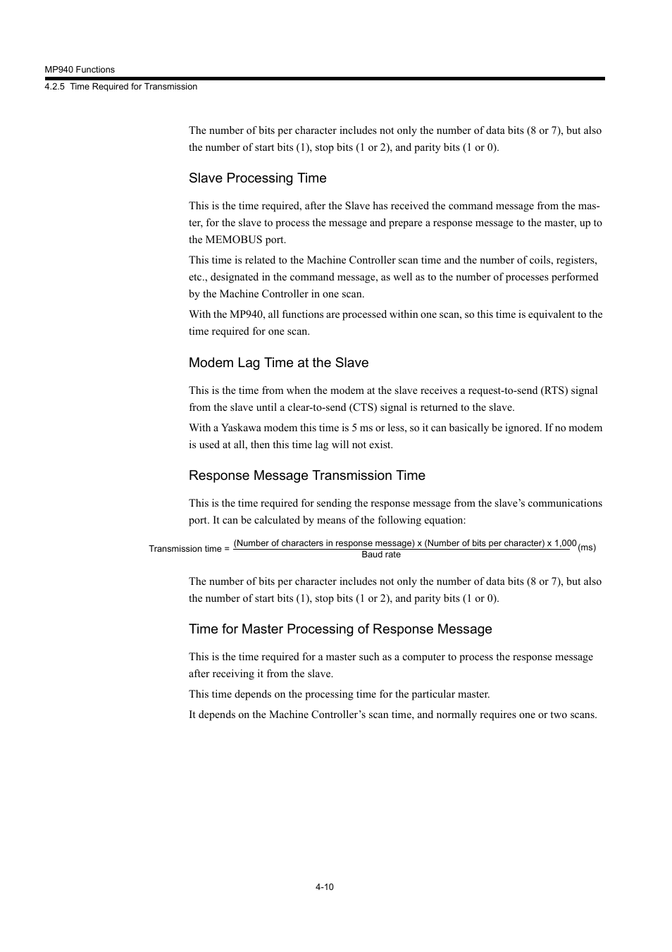 Slave processing time, Modem lag time at the slave, Response message transmission time | Time for master processing of response message | Yaskawa MP940 User Manual | Page 103 / 522