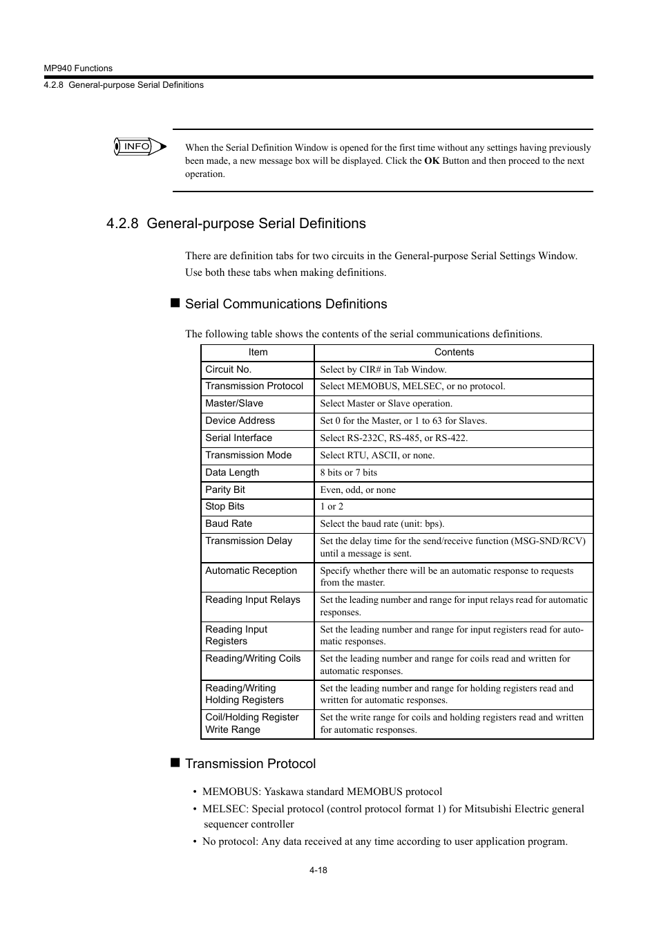 8 general-purpose serial definitions, Serial communications definitions, Transmission protocol | Yaskawa MP940 User Manual | Page 111 / 522