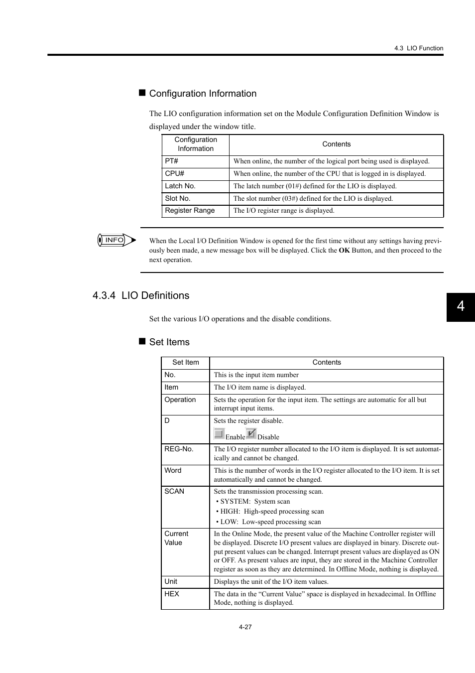 4 lio definitions, Configuration information, Set items | Yaskawa MP940 User Manual | Page 120 / 522