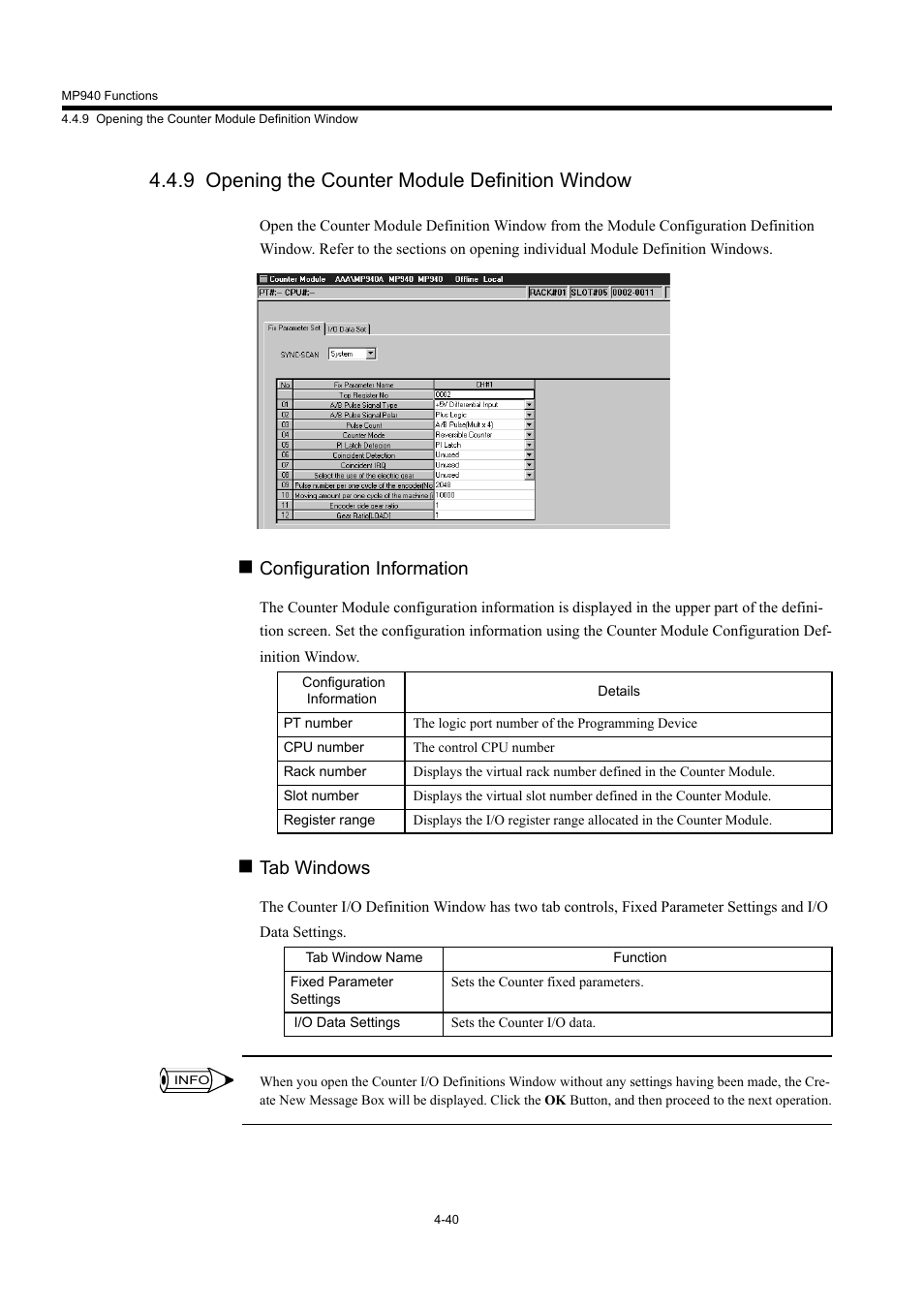 9 opening the counter module definition window, Configuration information, Tab windows | Yaskawa MP940 User Manual | Page 133 / 522