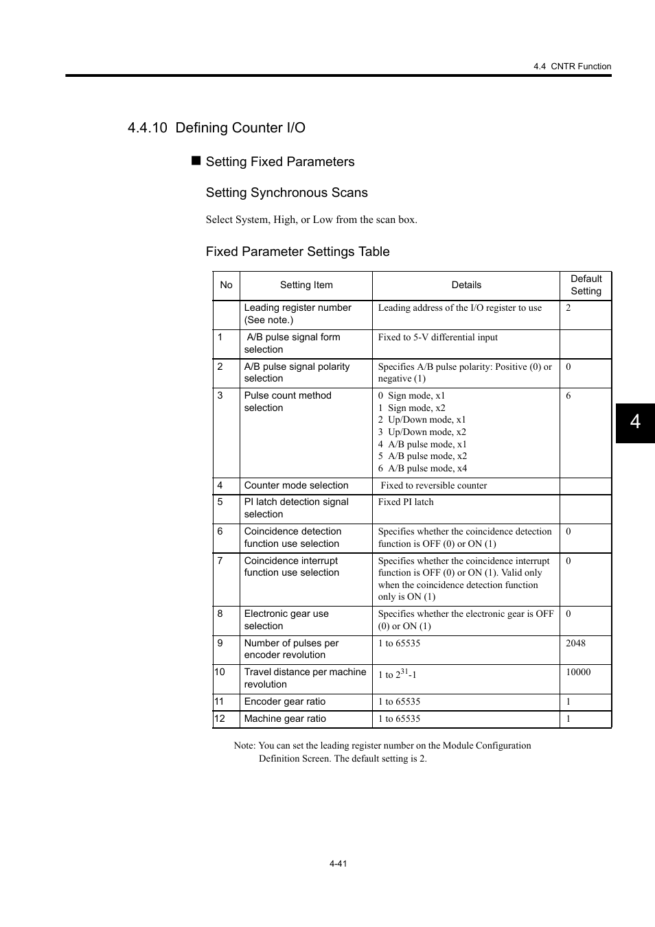 10 defining counter i/o, Setting fixed parameters setting synchronous scans, Fixed parameter settings table | Yaskawa MP940 User Manual | Page 134 / 522