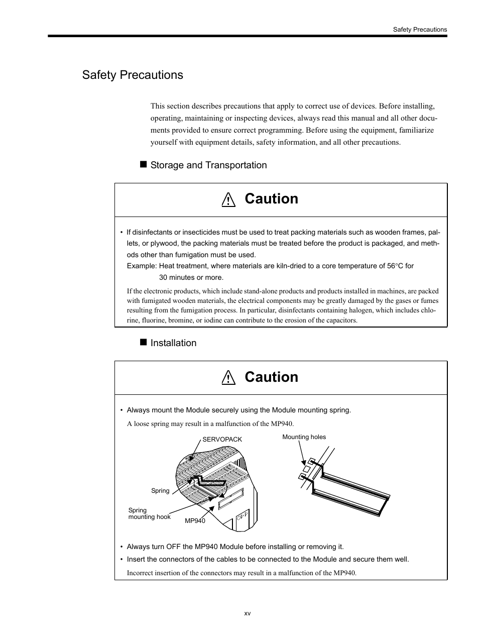 Safety precautions, Caution | Yaskawa MP940 User Manual | Page 14 / 522