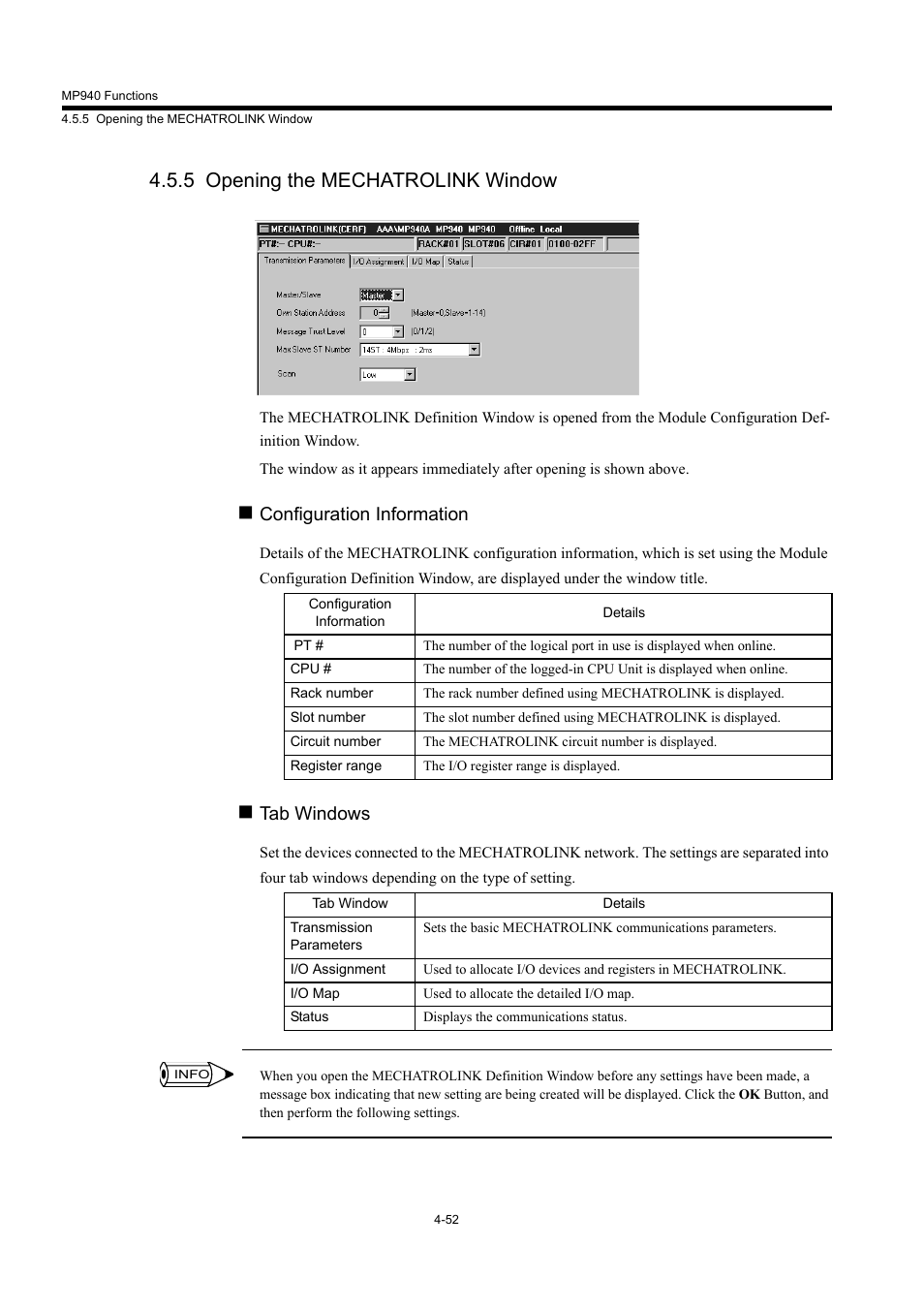 5 opening the mechatrolink window, Configuration information, Tab windows | Yaskawa MP940 User Manual | Page 145 / 522