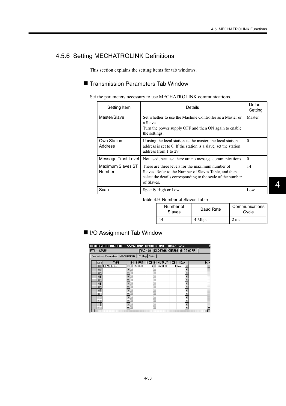 6 setting mechatrolink definitions, Transmission parameters tab window, I/o assignment tab window | Yaskawa MP940 User Manual | Page 146 / 522