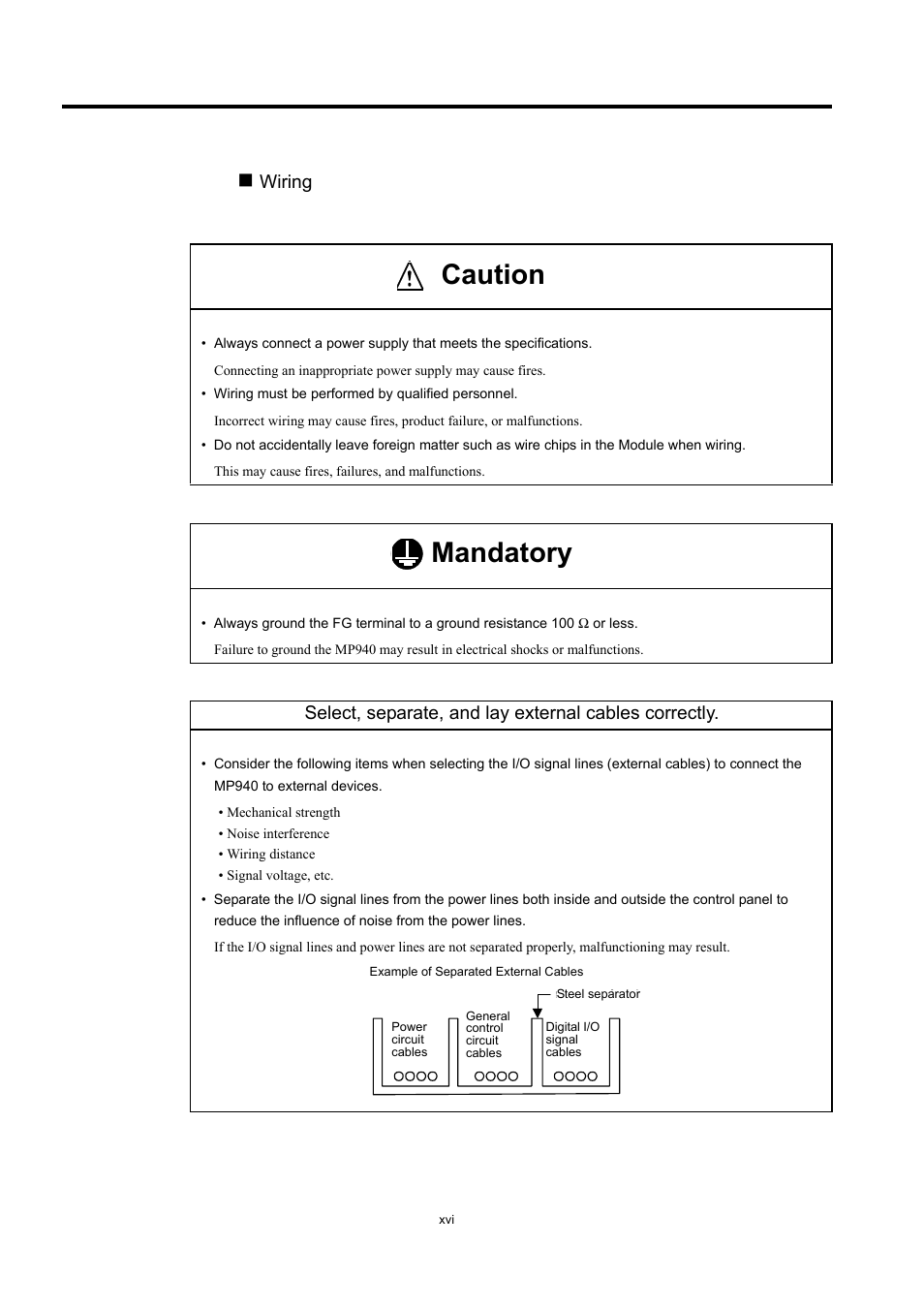 Caution, Manditory, Mandatory | Wiring | Yaskawa MP940 User Manual | Page 15 / 522