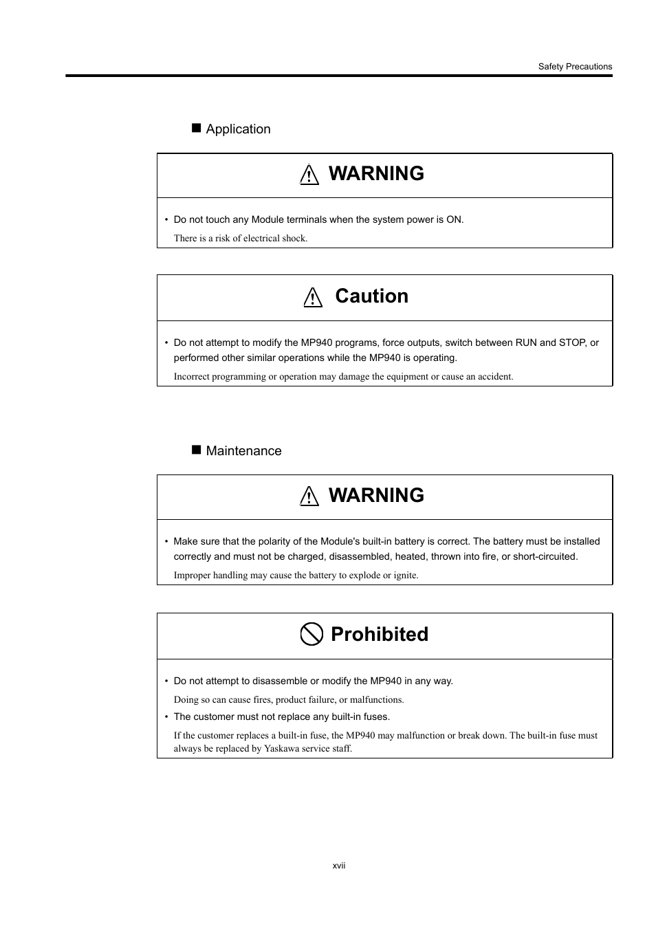 Warning, Caution, Prohibited | Yaskawa MP940 User Manual | Page 16 / 522