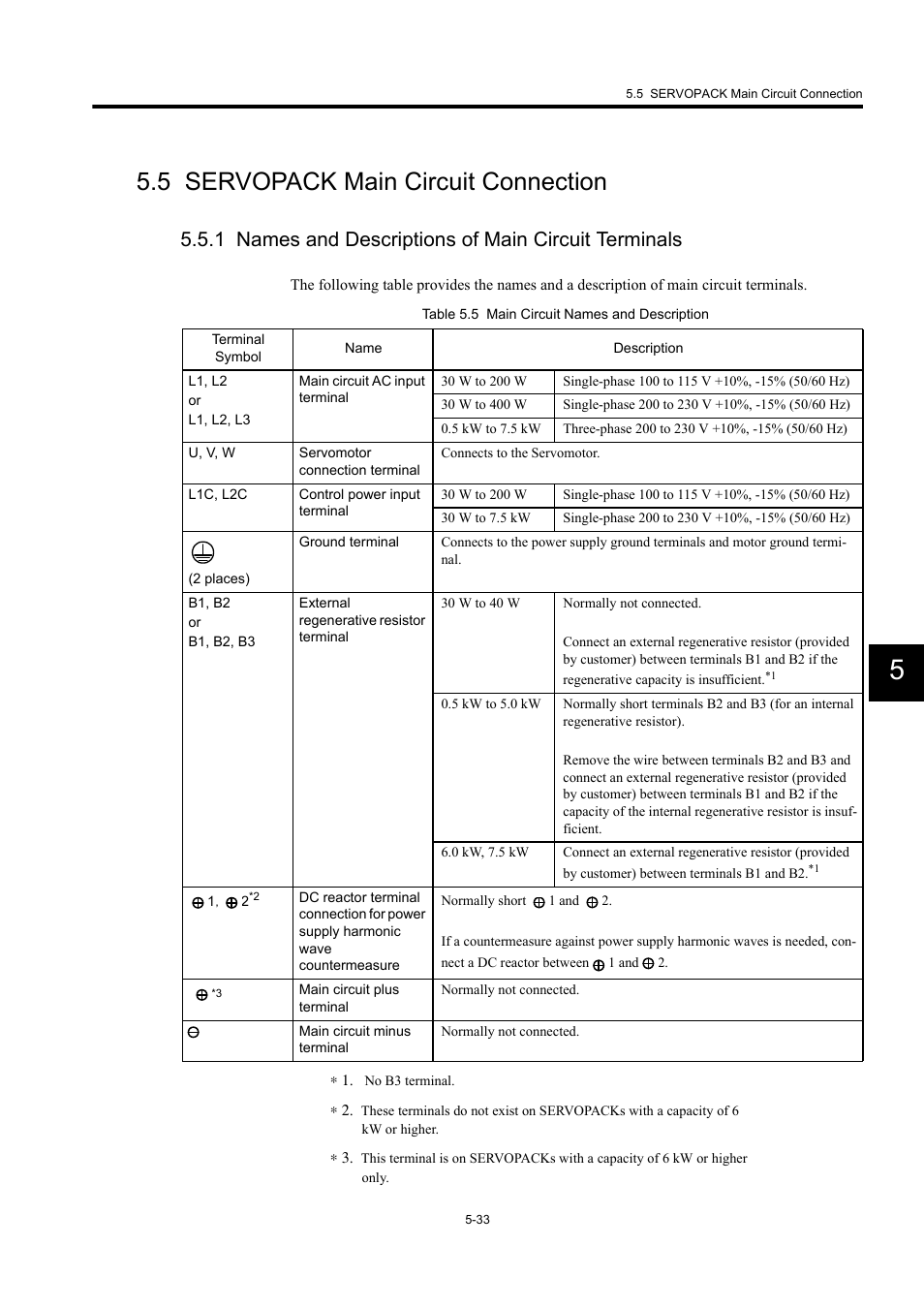 5 servopack main circuit connection, 1 names and descriptions of main circuit terminals | Yaskawa MP940 User Manual | Page 205 / 522