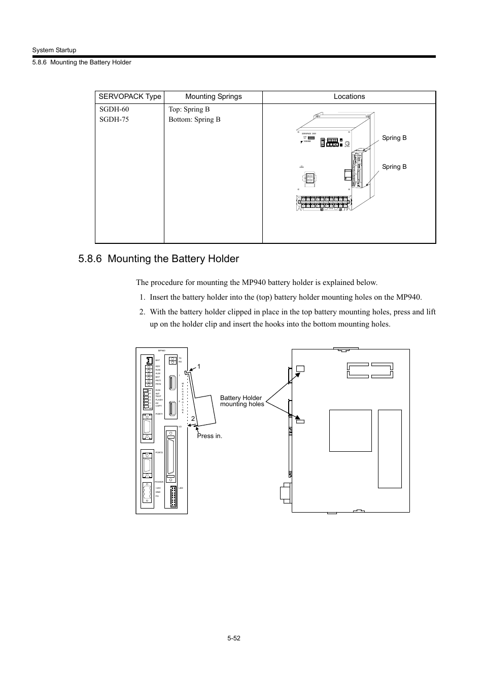 6 mounting the battery holder, Date/ mode/net, Spring b | Press in. battery holder mounting holes 1 2 | Yaskawa MP940 User Manual | Page 224 / 522