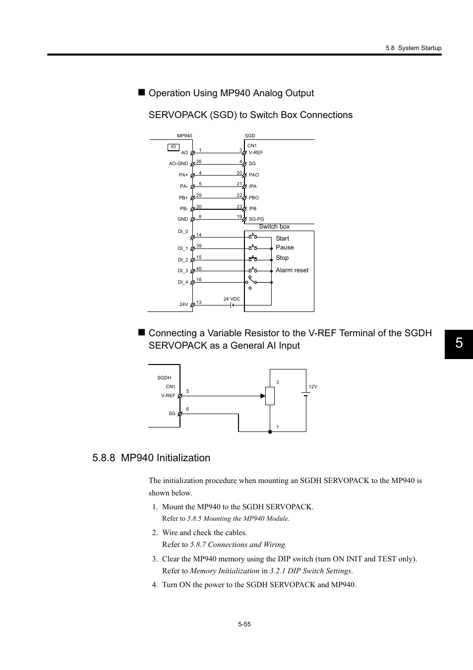 8 mp940 initialization, Wire and check the cables. refer to, Turn on the power to the sgdh servopack and mp940 | 7 connections and wiring, 1 dip switch settings | Yaskawa MP940 User Manual | Page 227 / 522