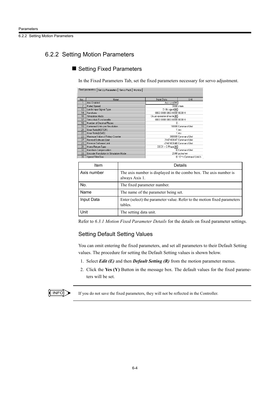2 setting motion parameters, Setting fixed parameters, Setting default setting values | Yaskawa MP940 User Manual | Page 244 / 522