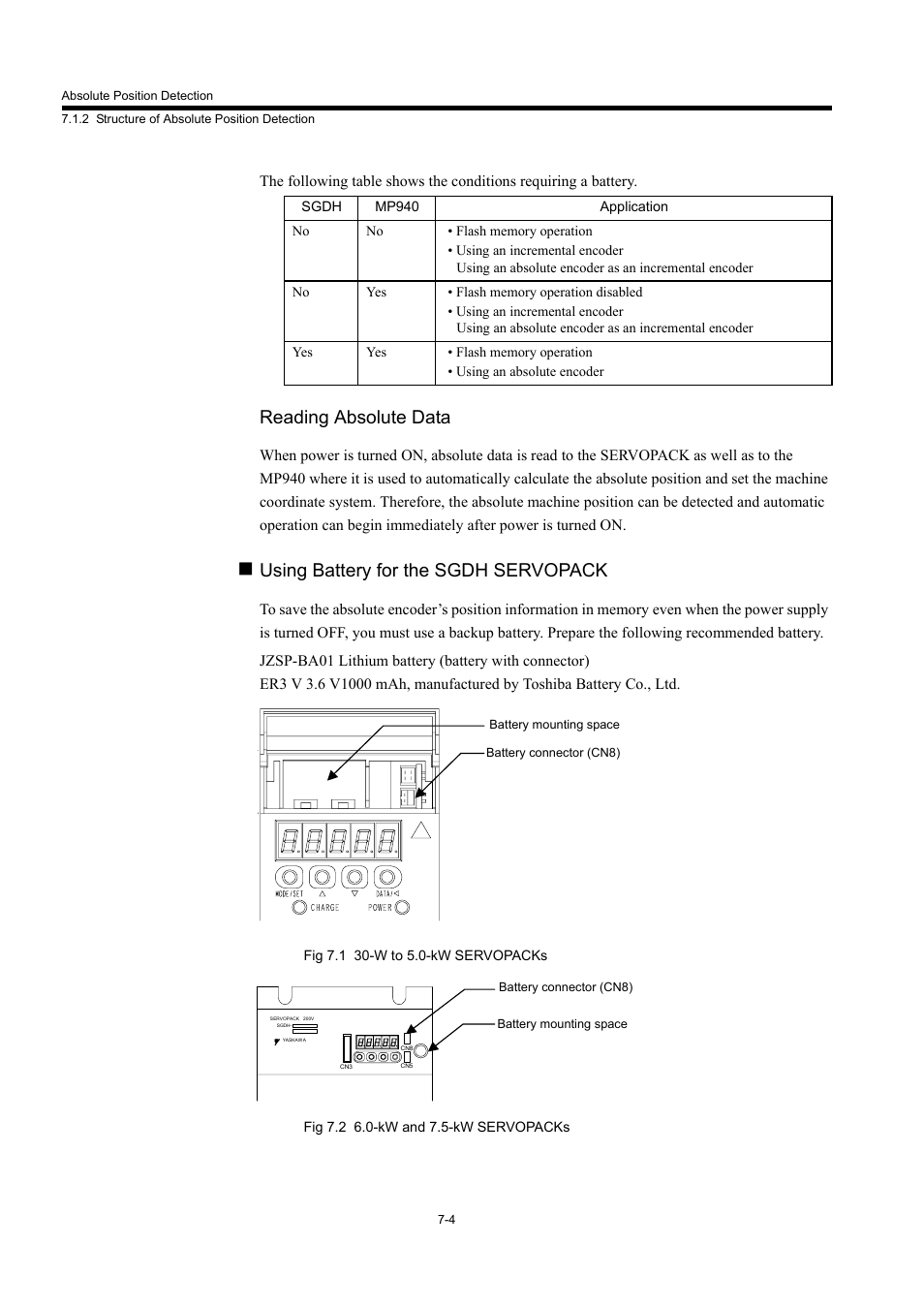 Reading absolute data, Using battery for the sgdh servopack | Yaskawa MP940 User Manual | Page 318 / 522