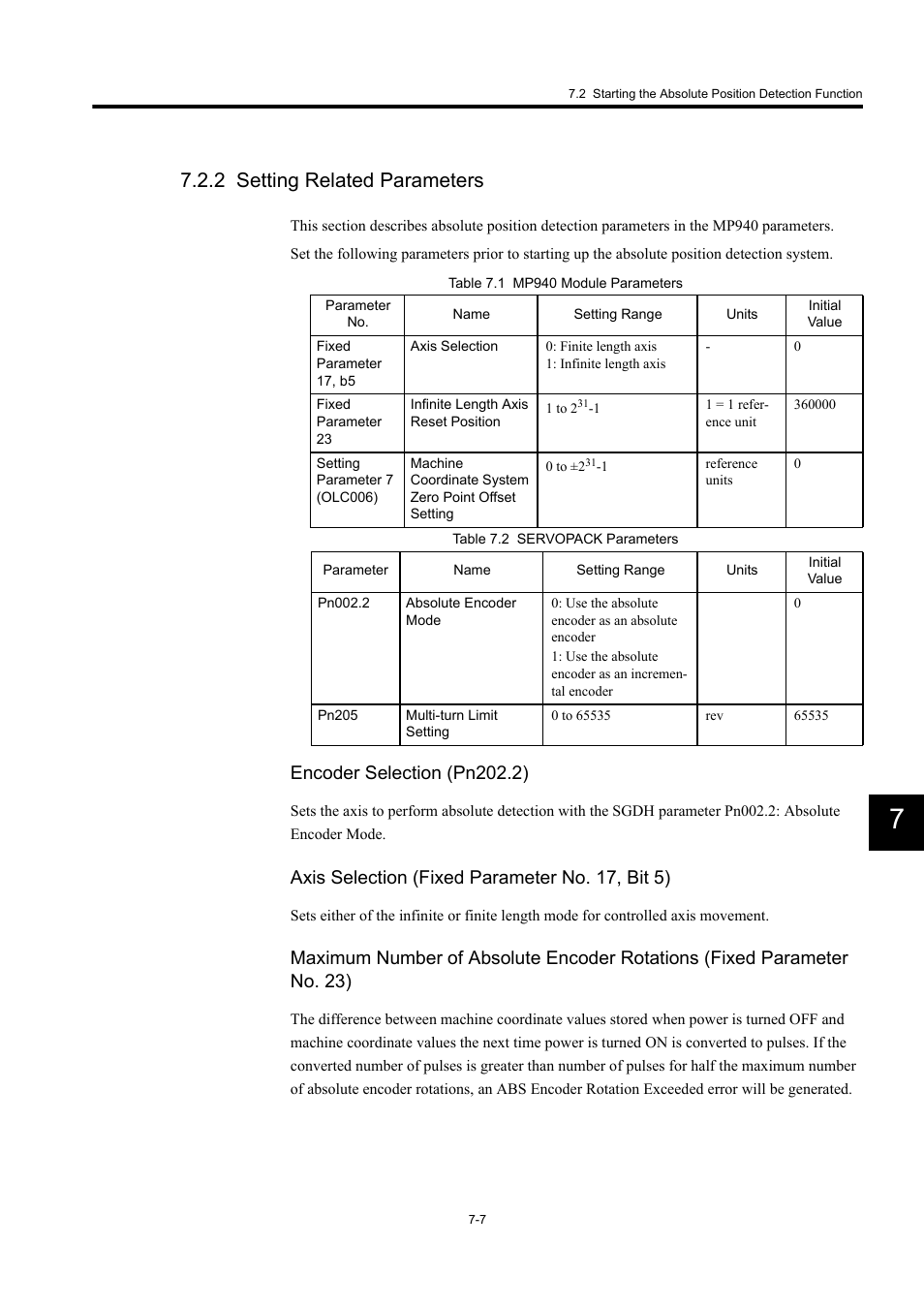 2 setting related parameters, Encoder selection (pn202.2), Axis selection (fixed parameter no. 17, bit 5) | Yaskawa MP940 User Manual | Page 321 / 522