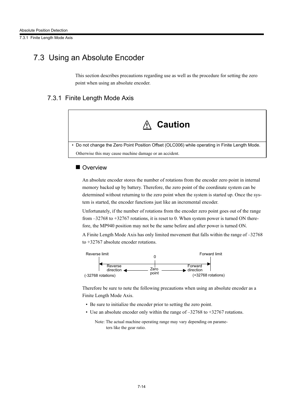 3 using an absolute encoder, 1 finite length mode axis, Caution | Overview | Yaskawa MP940 User Manual | Page 328 / 522