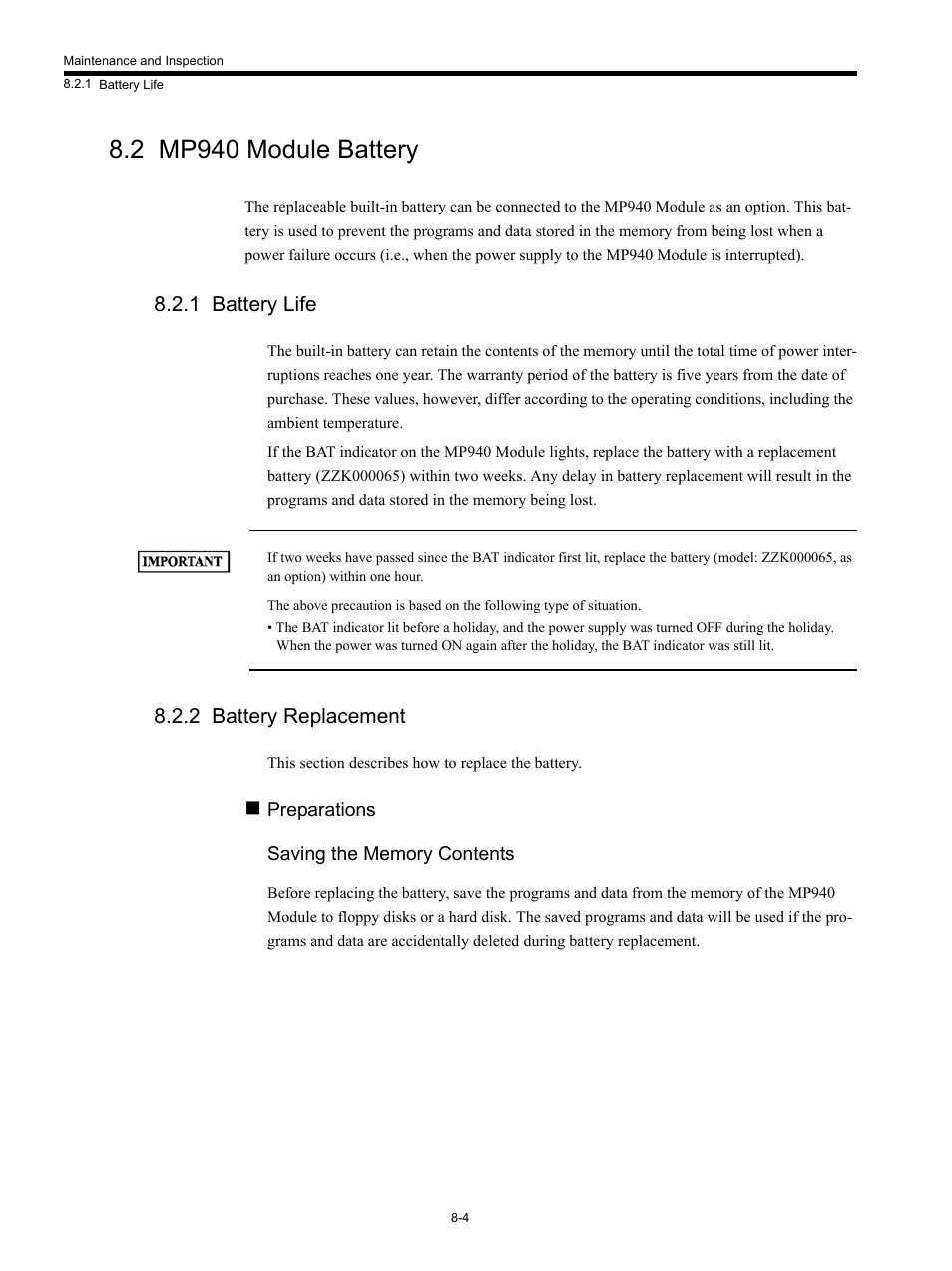 2 mp940 module battery, 1 battery life, 2 battery replacement | Yaskawa MP940 User Manual | Page 344 / 522