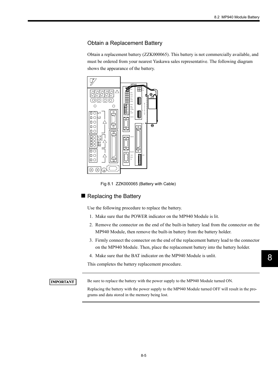 Obtain a replacement battery, Replacing the battery | Yaskawa MP940 User Manual | Page 345 / 522