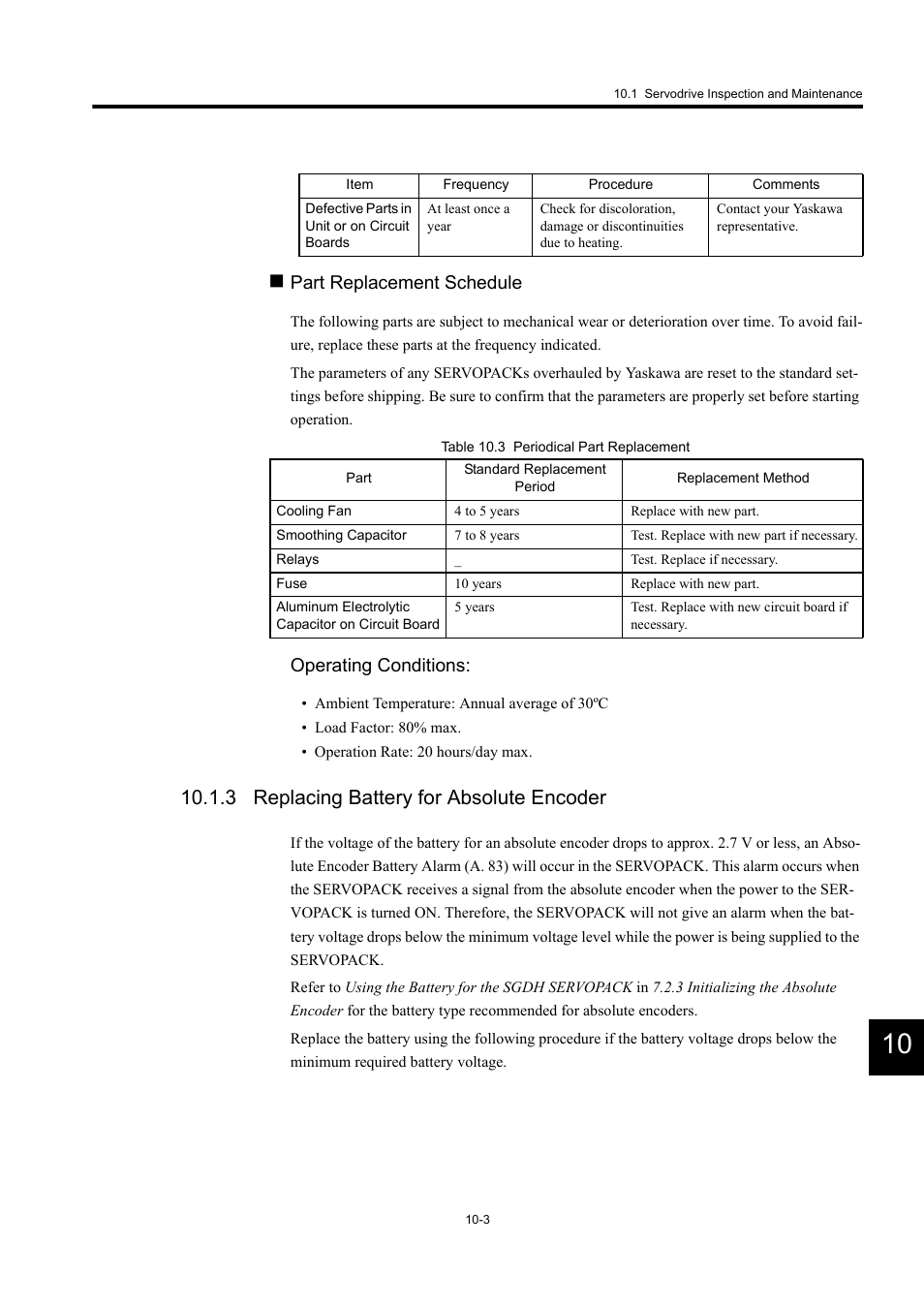 3 replacing battery for absolute encoder, Part replacement schedule, Operating conditions | Yaskawa MP940 User Manual | Page 370 / 522