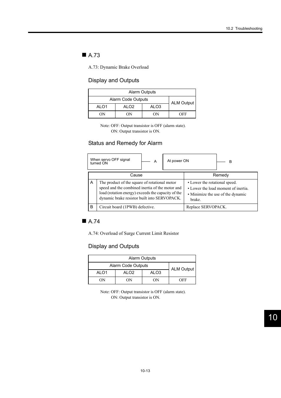 A.73, Display and outputs, Status and remedy for alarm | A.74 | Yaskawa MP940 User Manual | Page 380 / 522