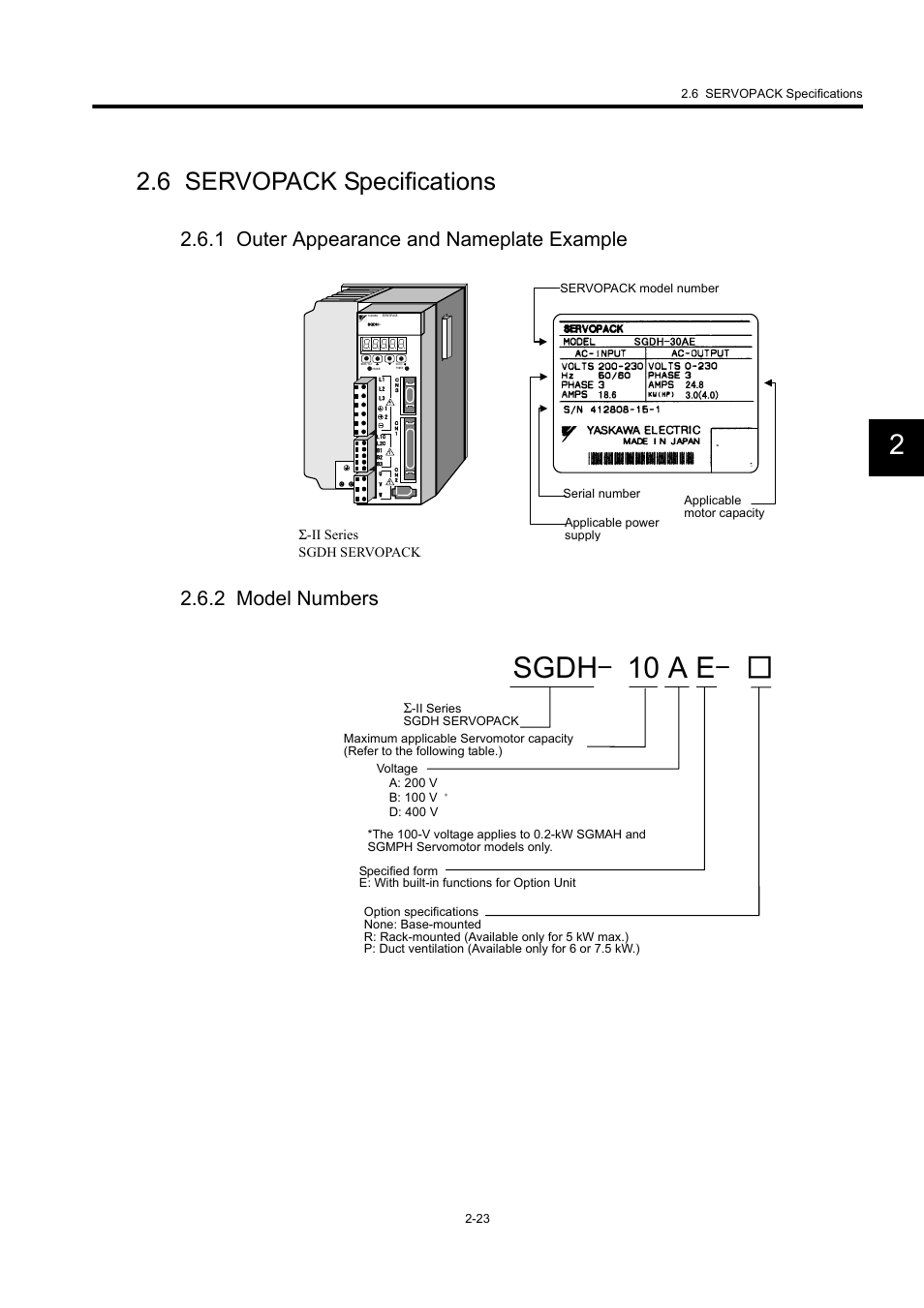 6 servopack specifications, 1 outer appearance and nameplate example, 2 model numbers | Sgdh- 10 a e, Σ-ii series sgdh servopack | Yaskawa MP940 User Manual | Page 46 / 522