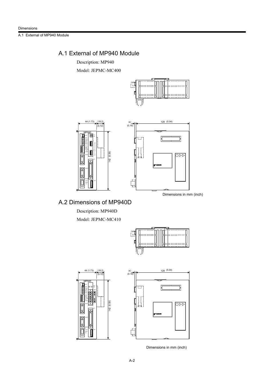 A.1 external of mp940 module, A.2 dimensions of mp940d, Dimensions in mm (inch) | Yaskawa MP940 User Manual | Page 486 / 522