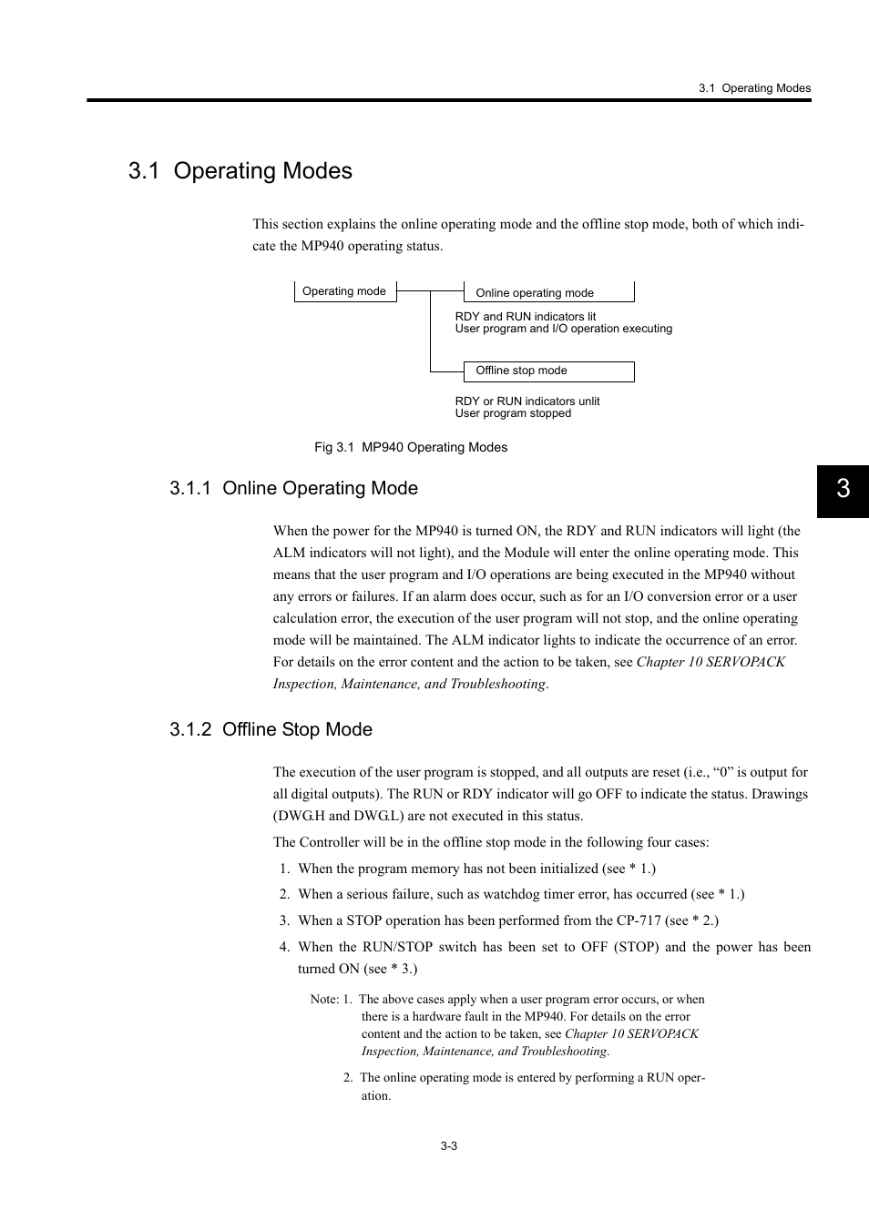 1 operating modes, 1 online operating mode, 2 offline stop mode | Yaskawa MP940 User Manual | Page 50 / 522