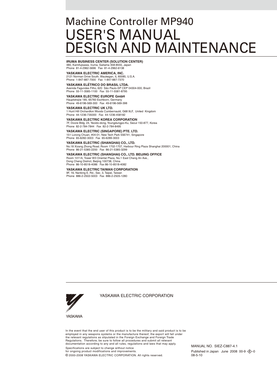 Back cover, User's manual design and maintenance, Machine controller mp940 | 英文 no.4-3（インタ） メカトロ製品用 | Yaskawa MP940 User Manual | Page 522 / 522