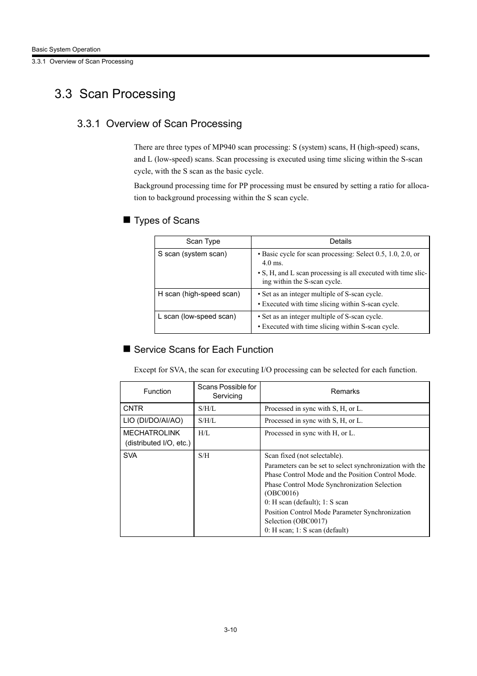 3 scan processing, 1 overview of scan processing, Types of scans | Service scans for each function | Yaskawa MP940 User Manual | Page 57 / 522