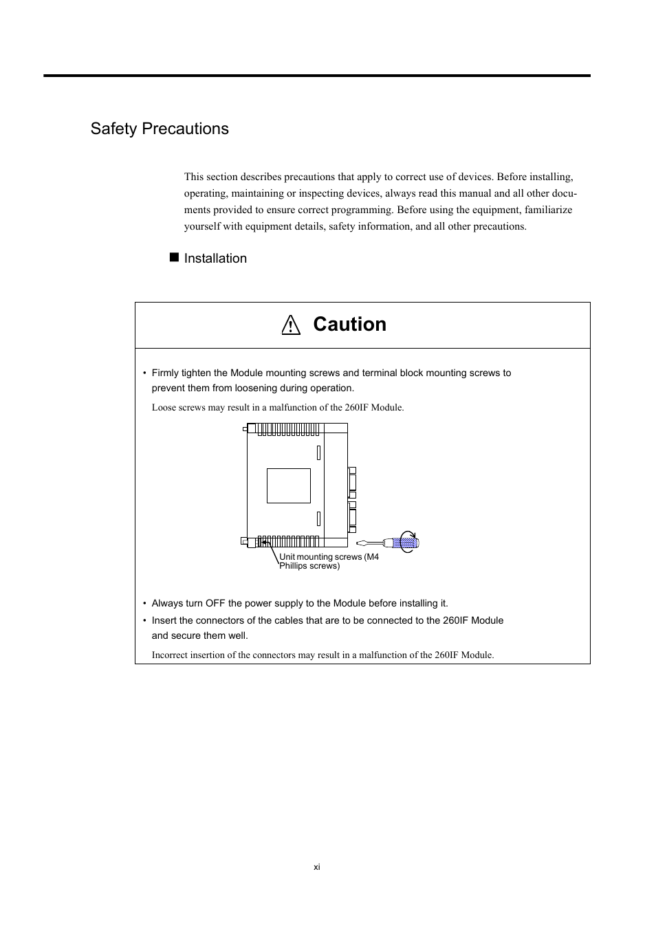 Safety precautions, Caution, Installation | Yaskawa 260IF DeviceNet System User Manual | Page 10 / 95