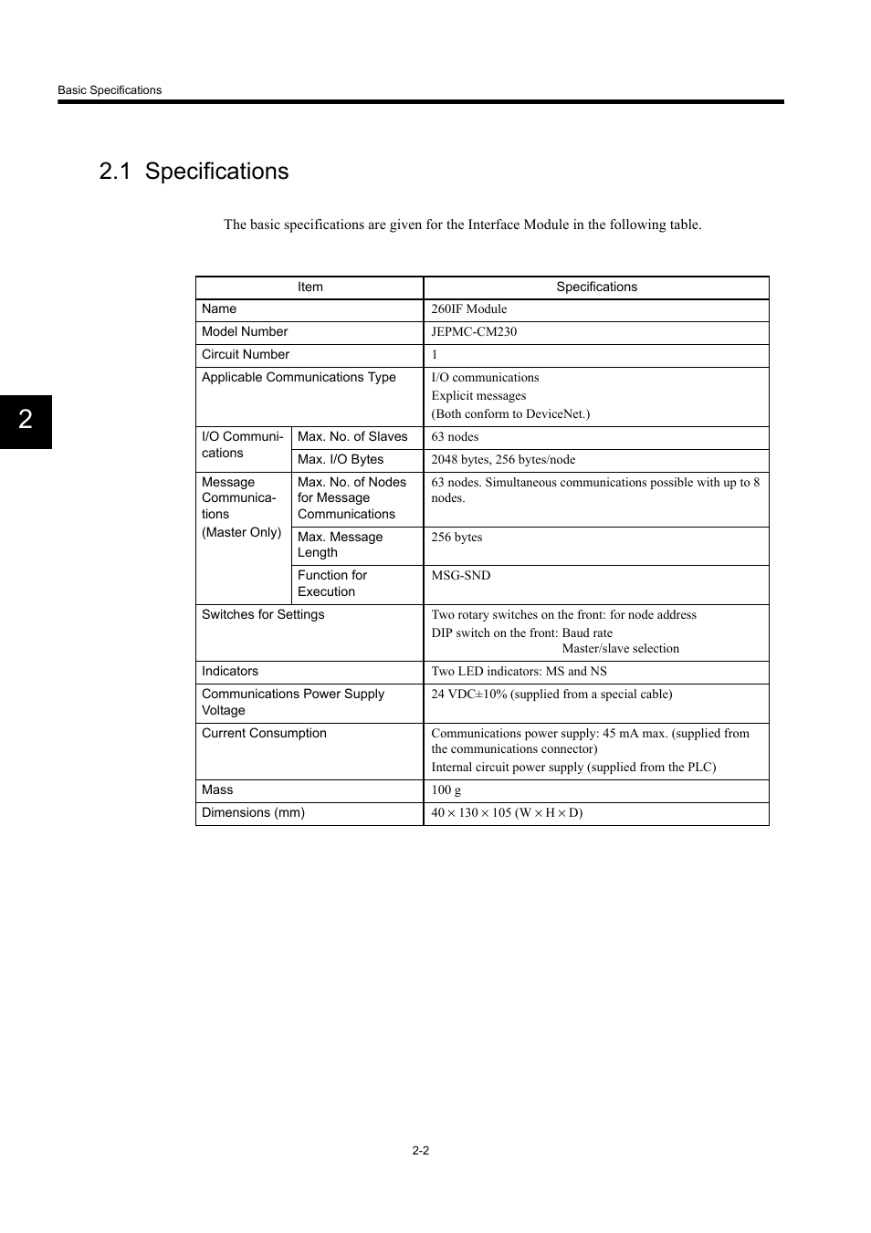 1 specifications | Yaskawa 260IF DeviceNet System User Manual | Page 21 / 95