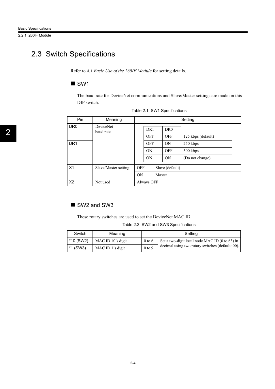 3 switch specifications, Sw2 and sw3 | Yaskawa 260IF DeviceNet System User Manual | Page 23 / 95