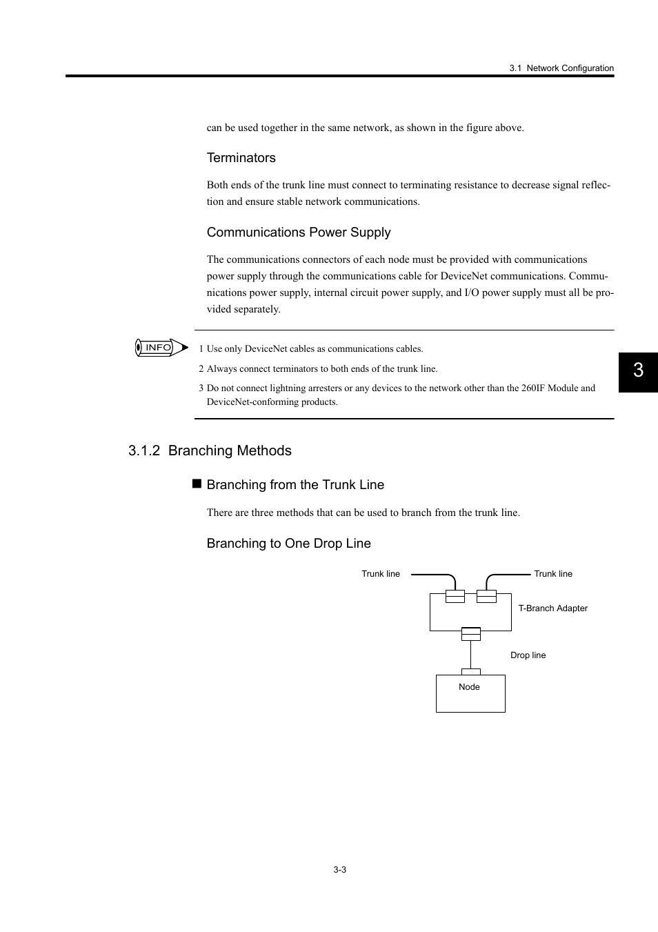 2 branching methods, Terminators, Communications power supply | Branching from the trunk line, Branching to one drop line | Yaskawa 260IF DeviceNet System User Manual | Page 28 / 95