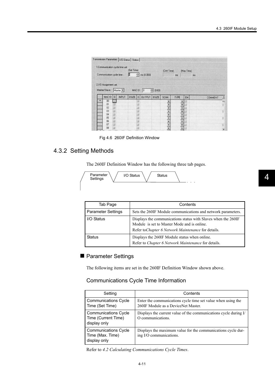 2 setting methods, Parameter settings, Communications cycle time information | Yaskawa 260IF DeviceNet System User Manual | Page 44 / 95
