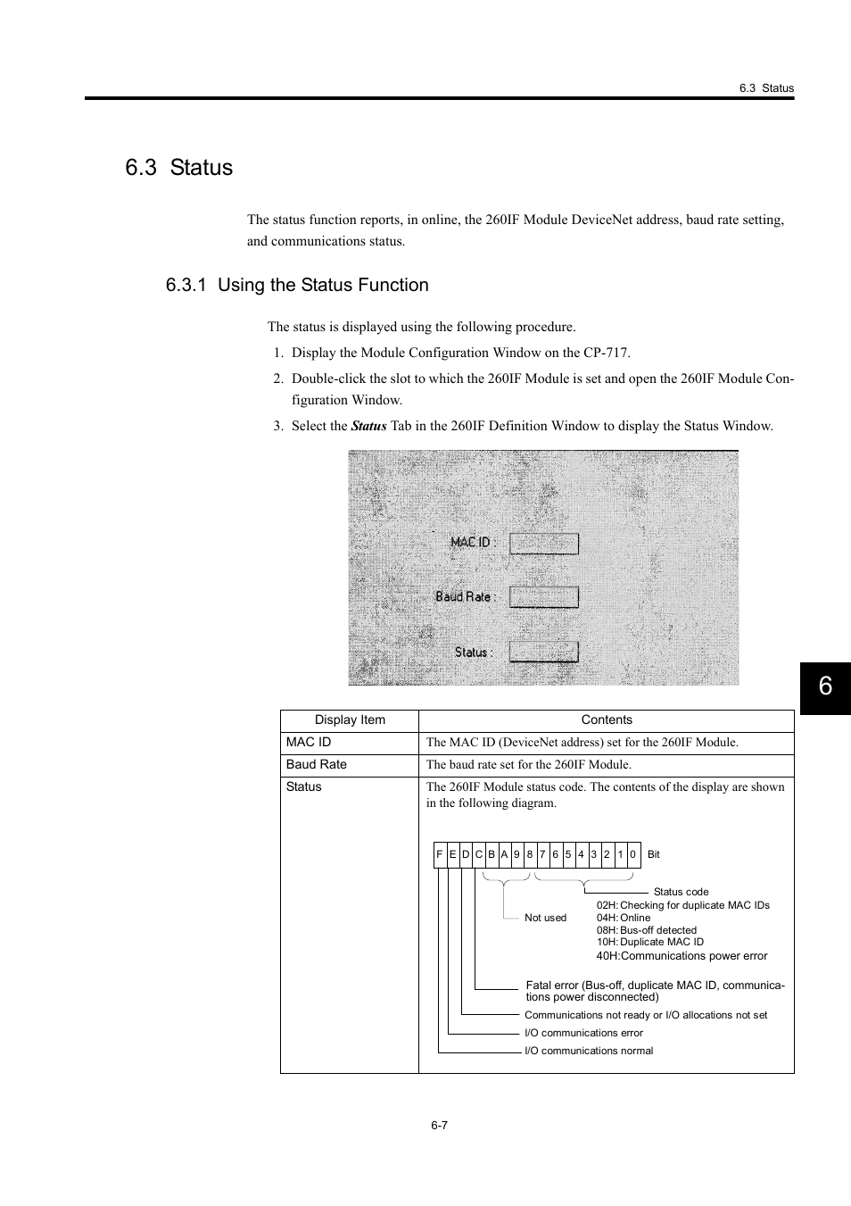 3 status, 1 using the status function | Yaskawa 260IF DeviceNet System User Manual | Page 67 / 95