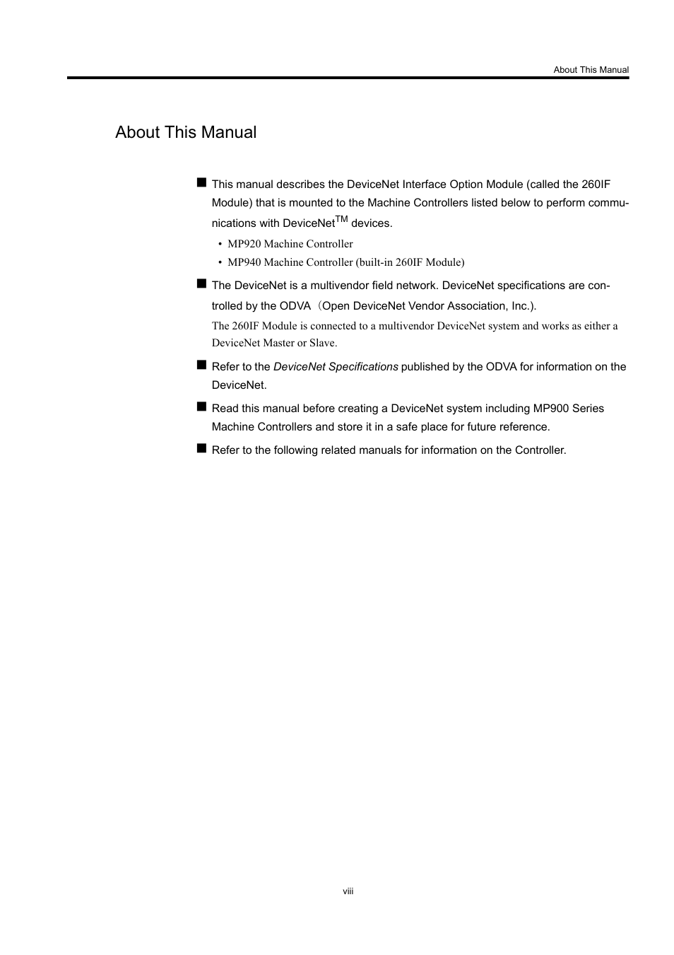 About this manual | Yaskawa 260IF DeviceNet System User Manual | Page 7 / 95