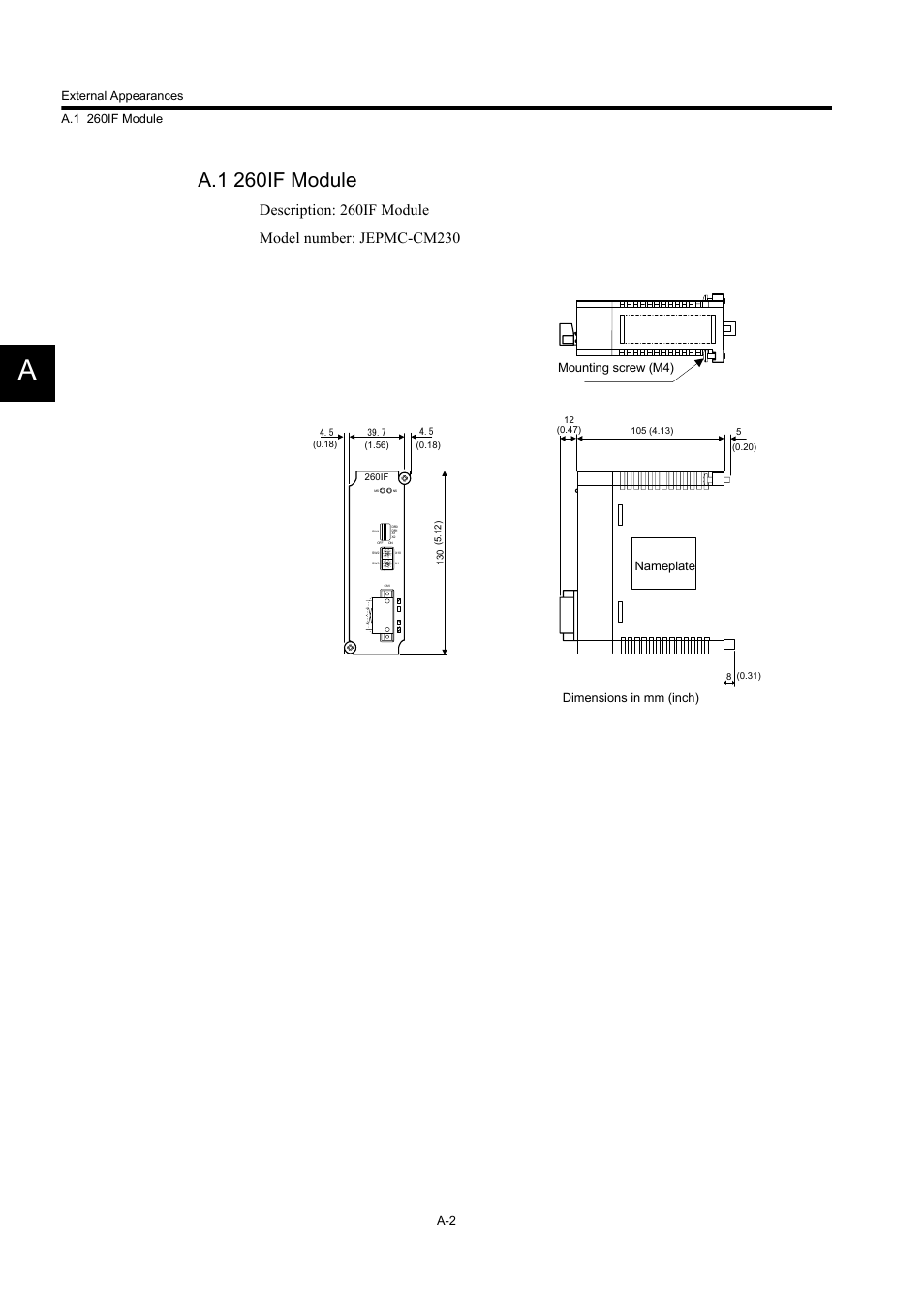 A.1 260if module, Mounting screw (m4), Nameplate | Dimensions in mm (inch) | Yaskawa 260IF DeviceNet System User Manual | Page 84 / 95