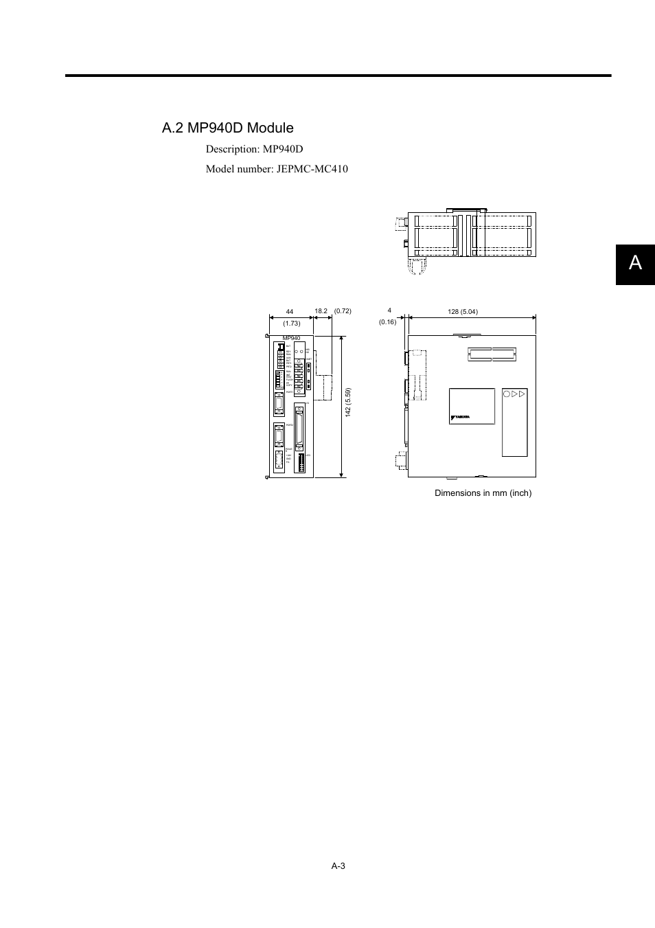 A.2 mp940d module, Dimensions in mm (inch) | Yaskawa 260IF DeviceNet System User Manual | Page 85 / 95