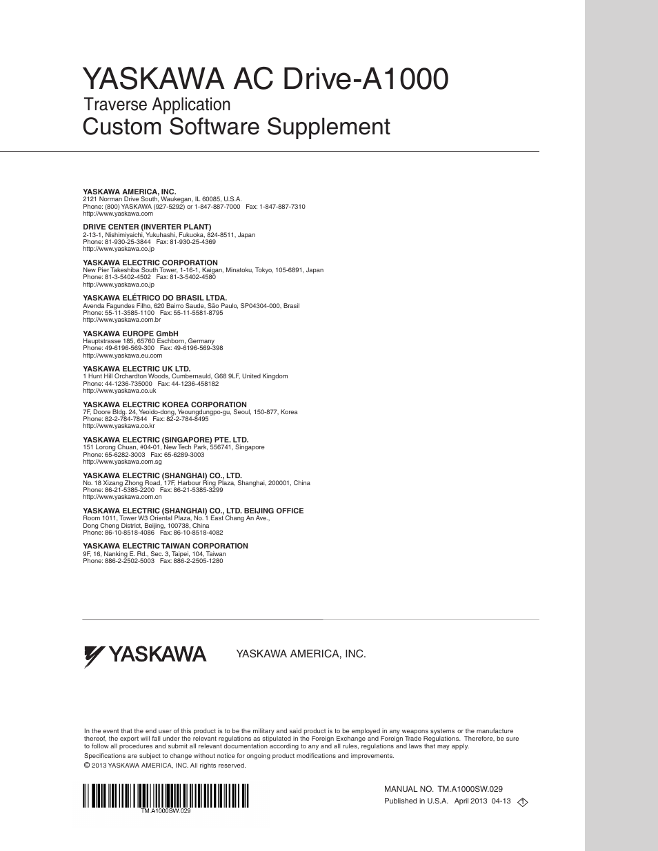 Yaskawa ac drive-a1000, Custom software supplement, Traverse application | Yaskawa america, inc | Yaskawa AC Drive-A1000 User Manual | Page 18 / 18