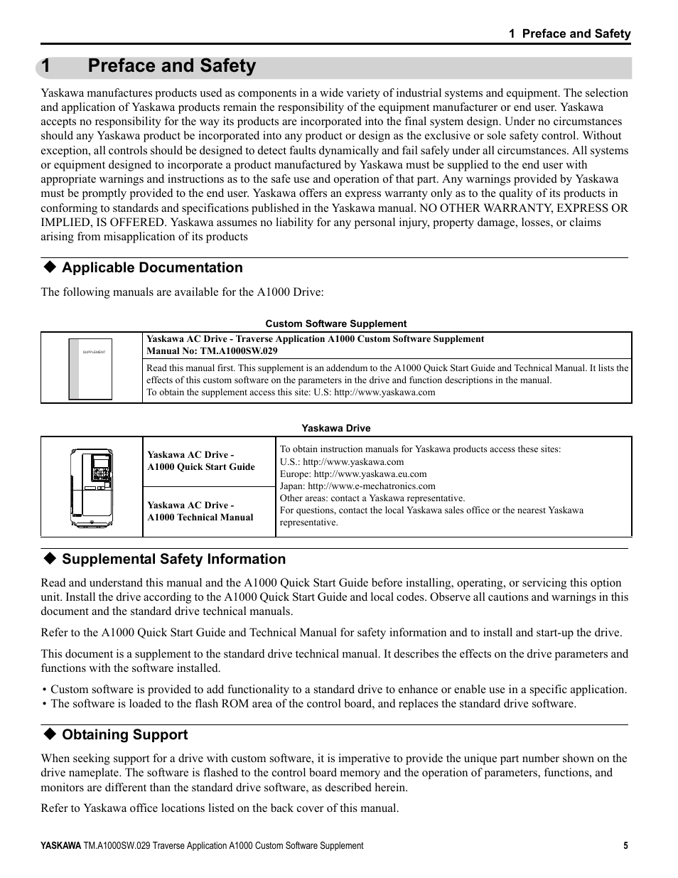 1 preface and safety, Applicable documentation, Supplemental safety information | Obtaining support, Preface and safety, 1preface and safety | Yaskawa AC Drive-A1000 User Manual | Page 5 / 18