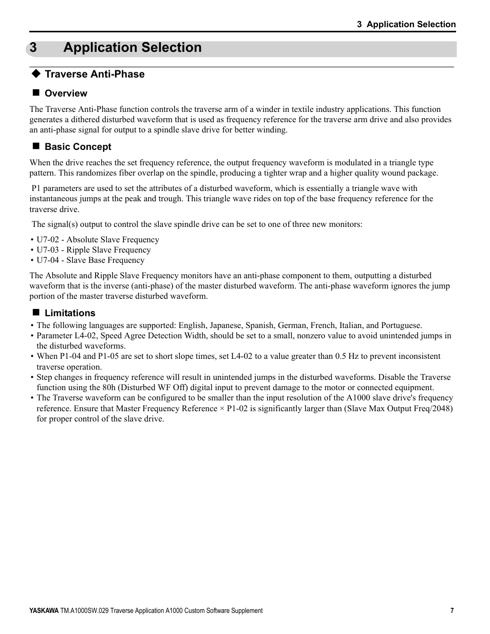 3 application selection, Traverse anti-phase, Application selection | 3application selection | Yaskawa AC Drive-A1000 User Manual | Page 7 / 18