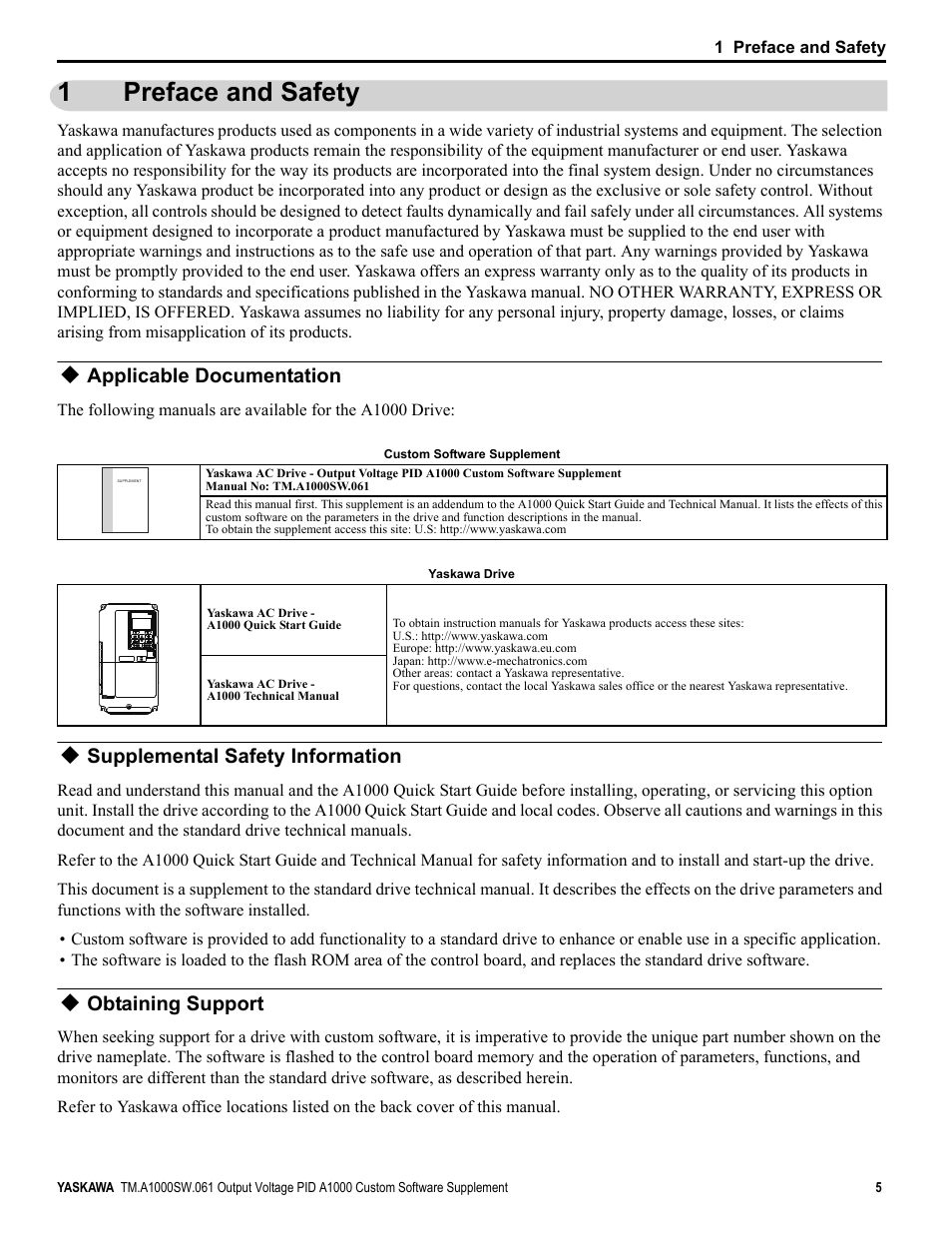 1 preface and safety, Applicable documentation, Supplemental safety information | Obtaining support, Preface and safety, 1preface and safety | Yaskawa PID A1000 User Manual | Page 5 / 13