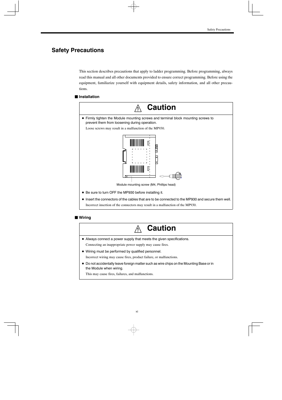 Safety precautions, Caution | Yaskawa MP930 User Manual | Page 10 / 338